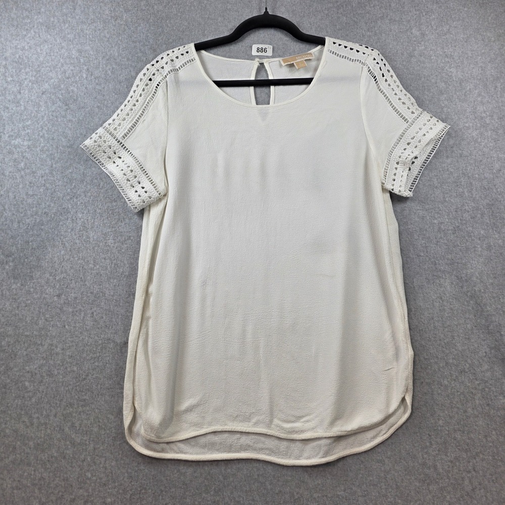 Michael‎ Kors Womens White Crochet Lace Trim Short Sleeve Blouse Keyhole Back L